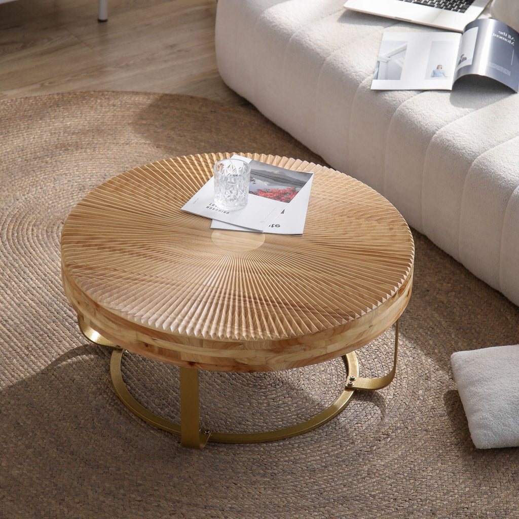 Modern Round Coffee Table With Wooden Carving Pattern