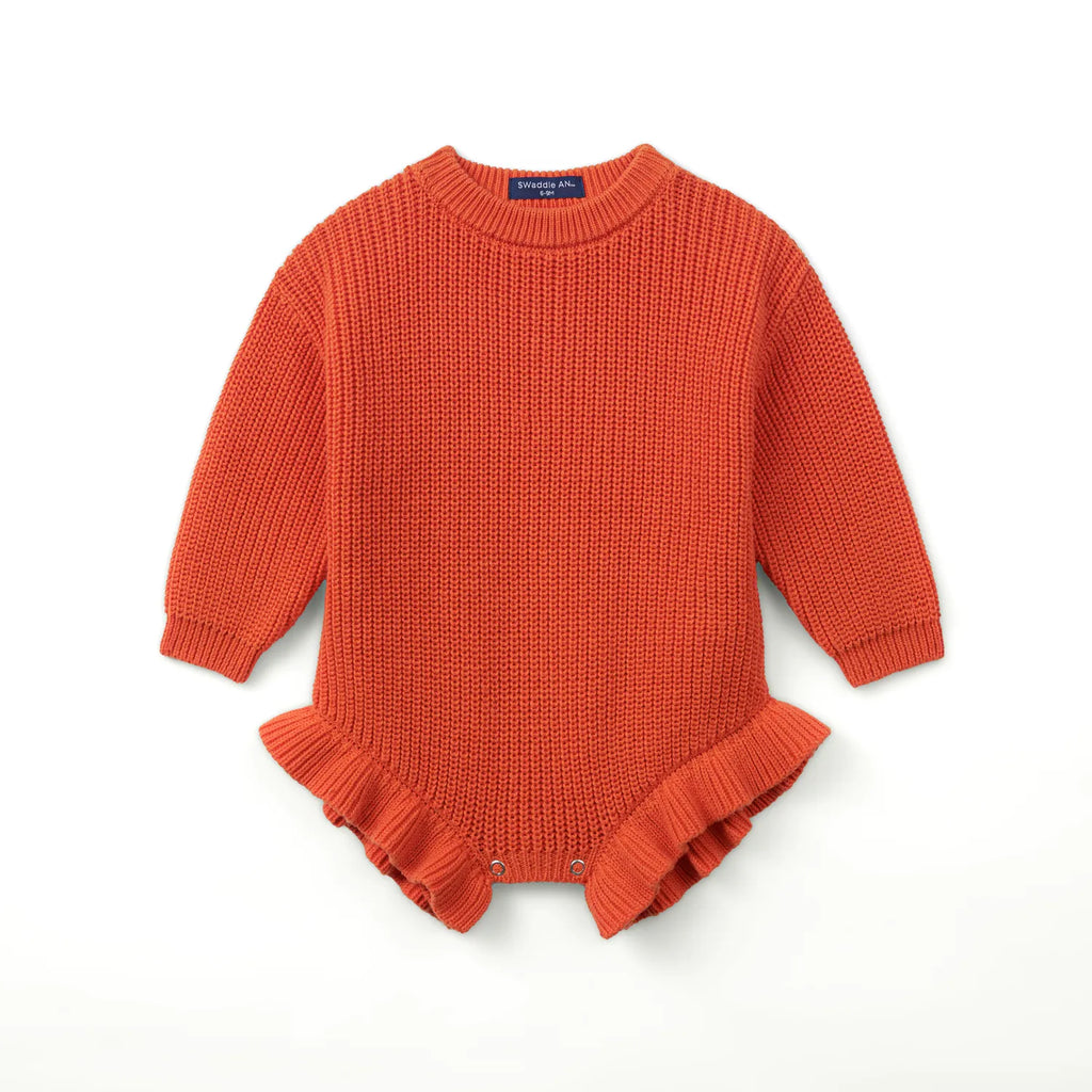 Ruffle Chunky Knit Baby Romper in Orange Rust