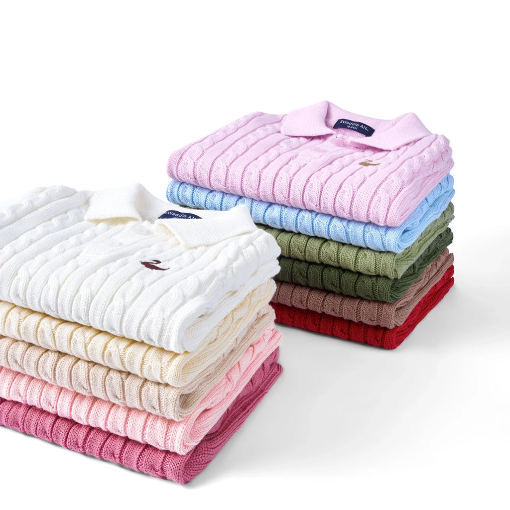 Cable Knit Polo Sweater in Rose Pink
