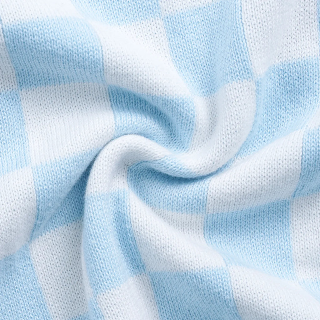 Blue Checker Baby Knit Button Romper