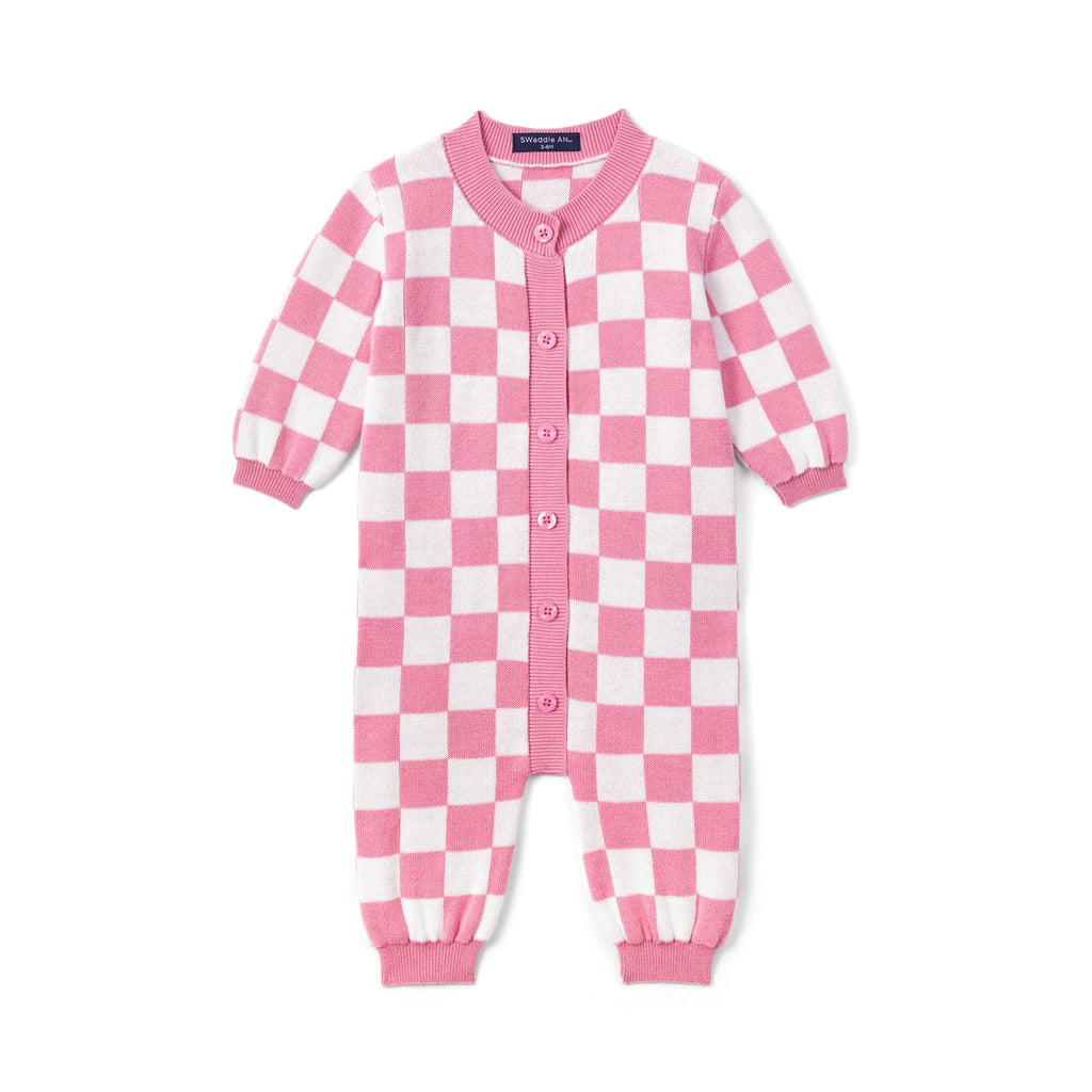 Pink Checker Baby Knit Button Romper