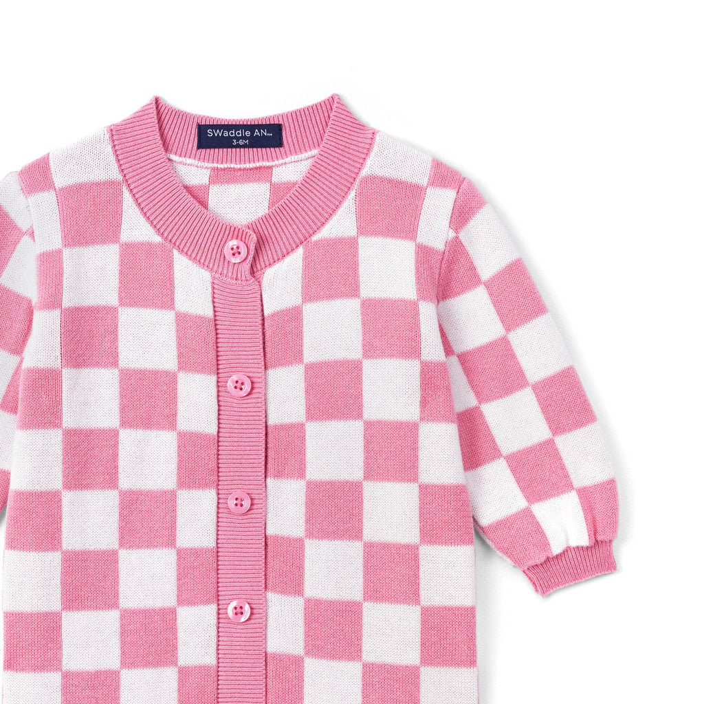 Pink Checker Baby Knit Button Romper