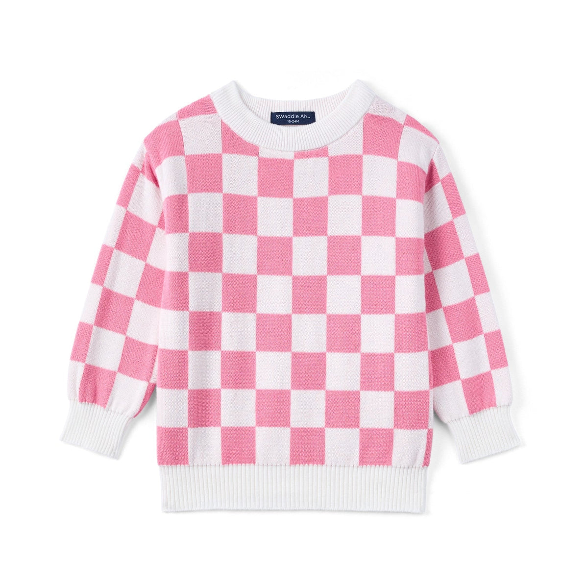 Pink Checker Knit Long Sleeve Crewneck Sweater