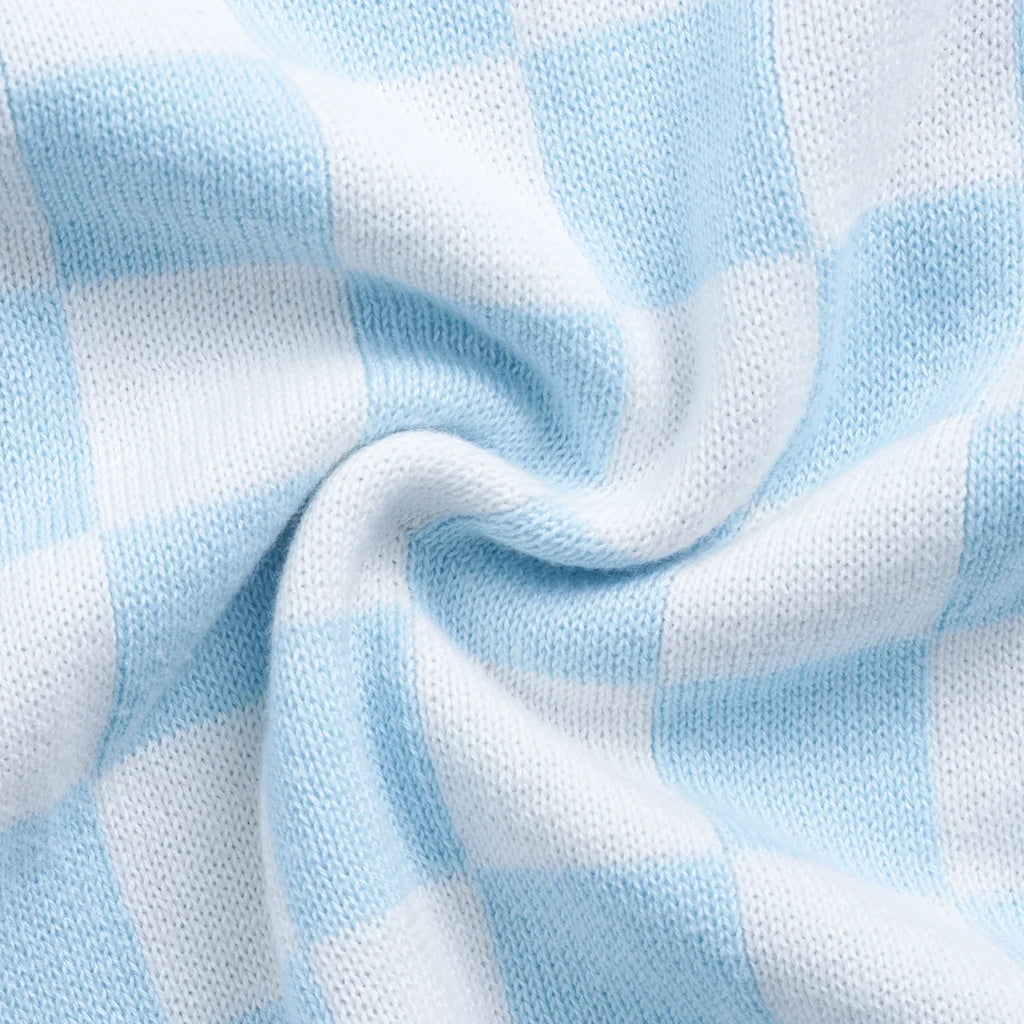 Blue Checker Knit Long Sleeve Crewneck Sweater