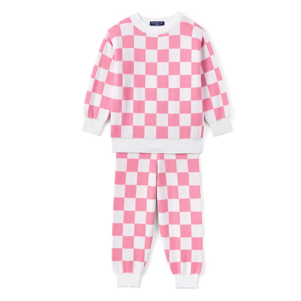 Pink Checker Knit Long Sleeve Crewneck Sweater