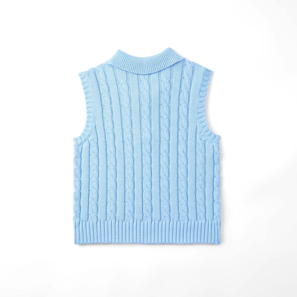 Cable Knit Sleeveless Polo Shirt in Baby Blue