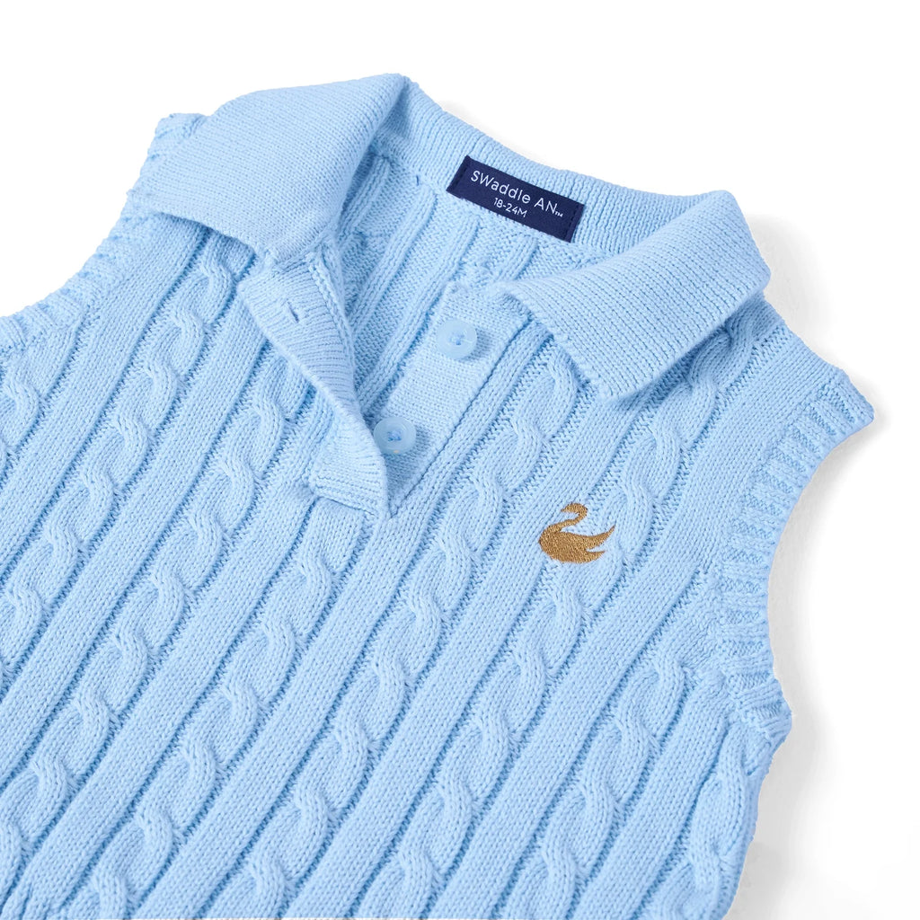 Cable Knit Sleeveless Polo Shirt in Baby Blue