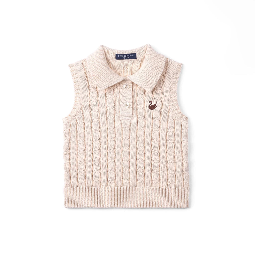 Cable Knit Sleeveless Polo Shirt in Beige