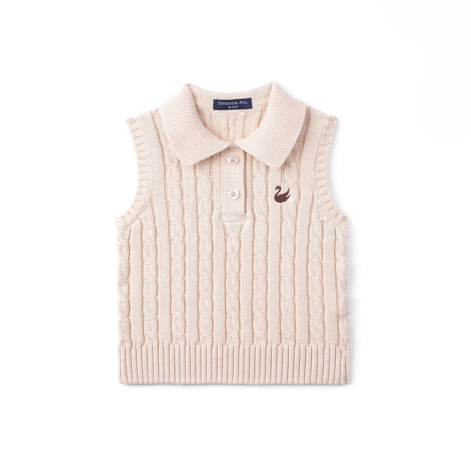 Cable Knit Sleeveless Polo Shirt in Beige
