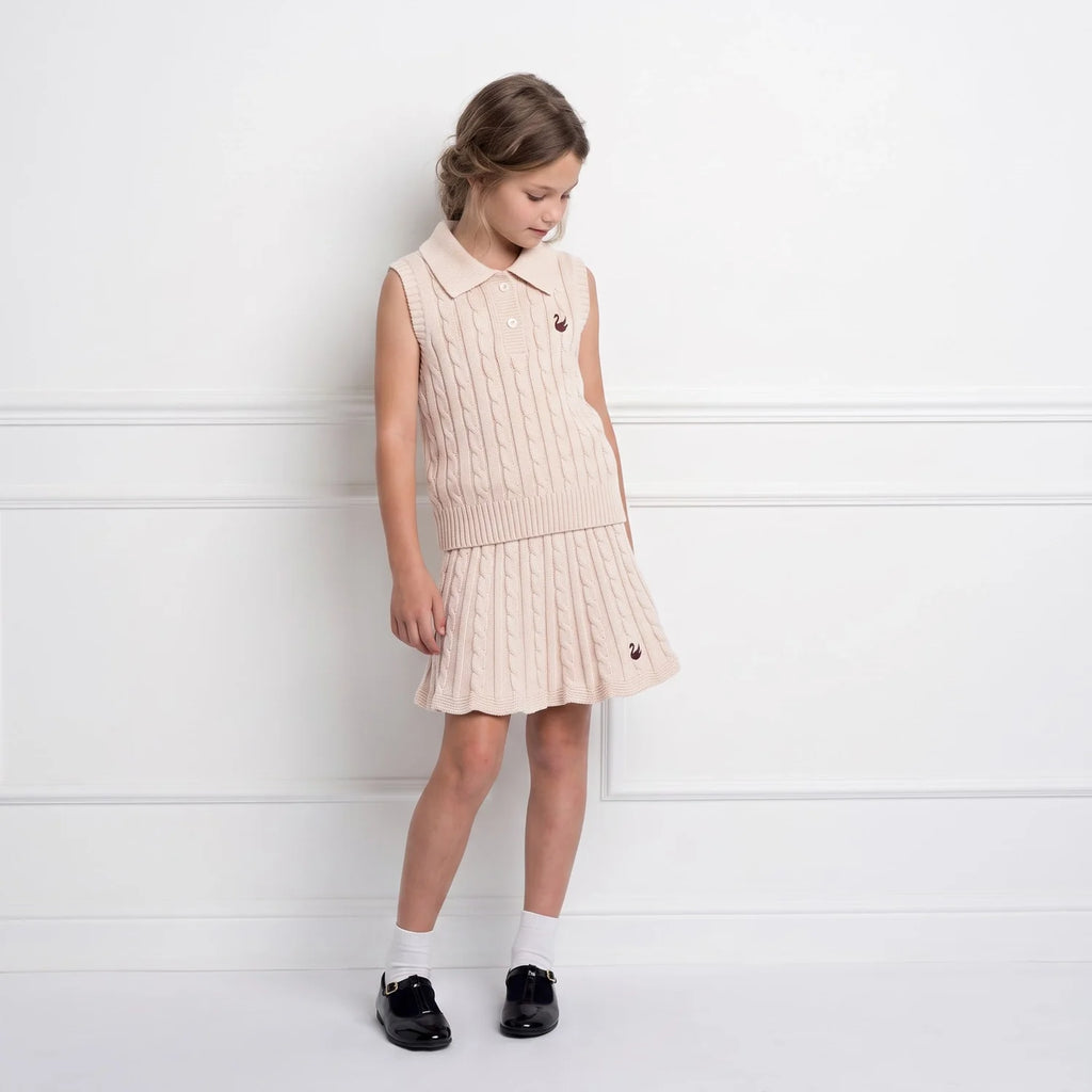 Cable Knit Sleeveless Polo Shirt in Beige