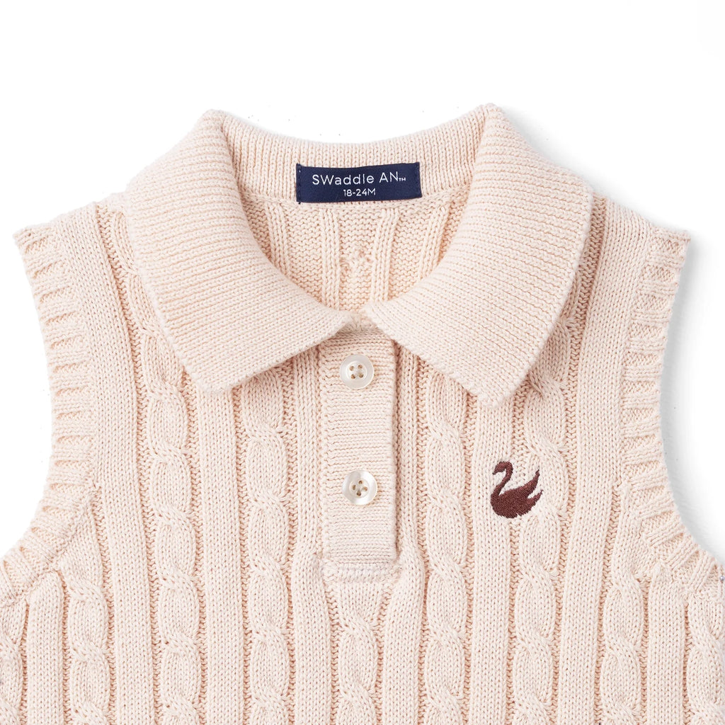 Cable Knit Sleeveless Polo Shirt in Beige