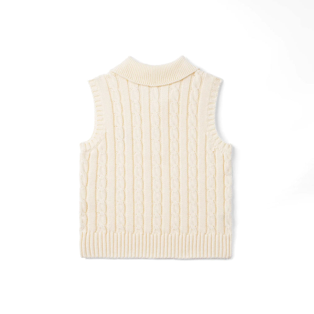 Cable Knit Sleeveless Polo Shirt in Cream