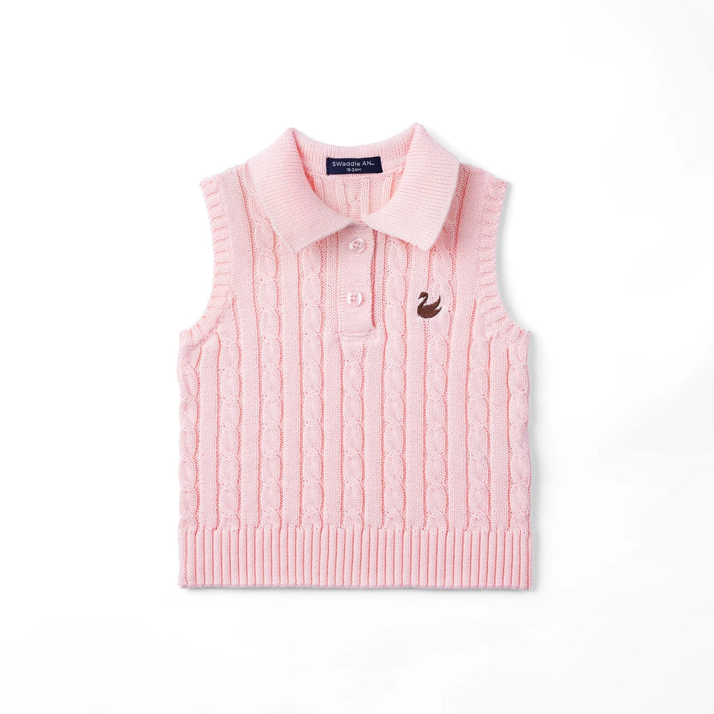 Cable Knit Sleeveless Polo Shirt in Pink