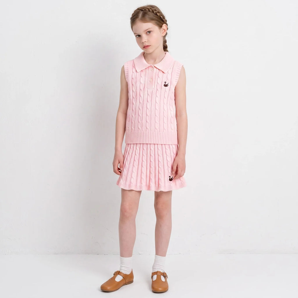 Cable Knit Sleeveless Polo Shirt in Pink