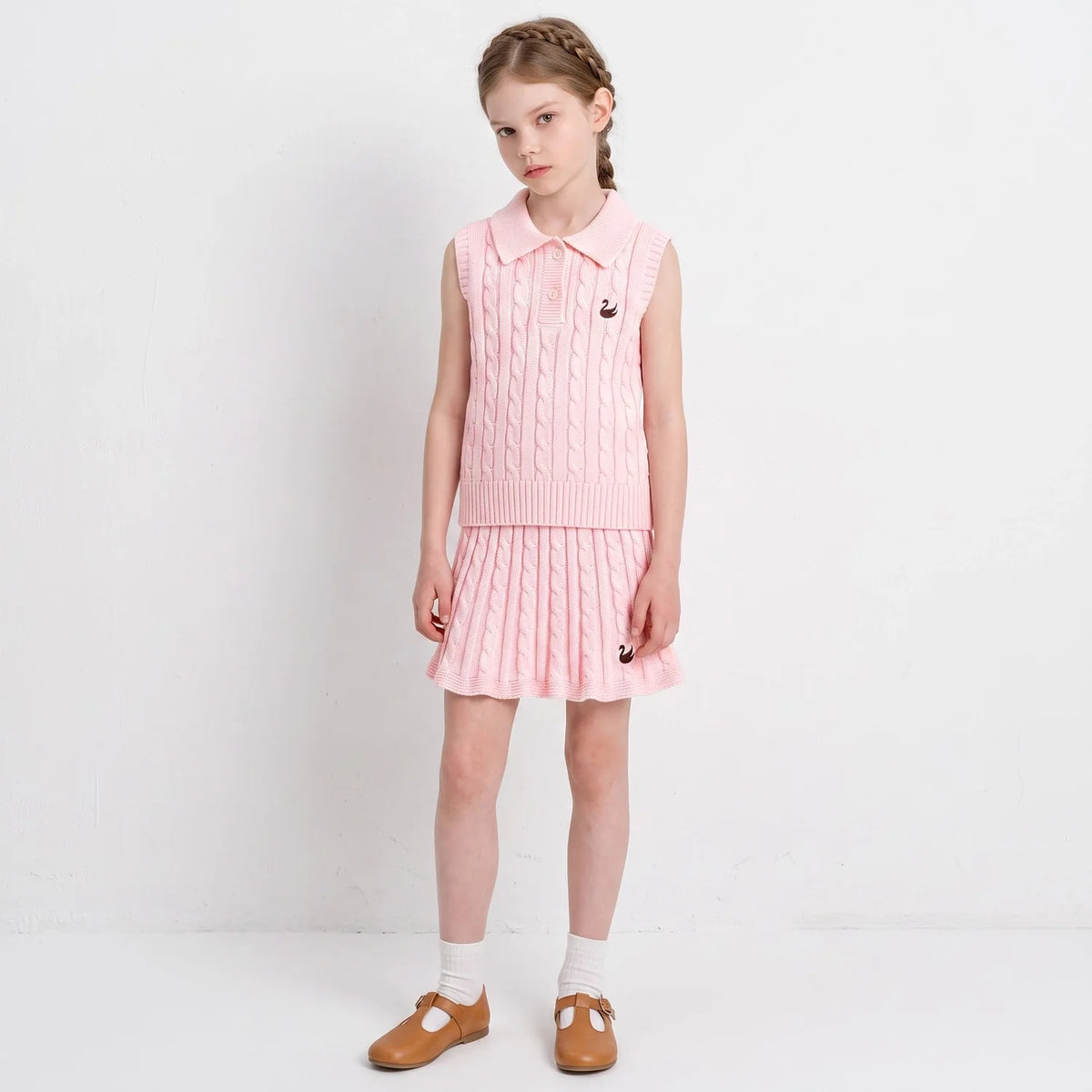 Cable Knit Sleeveless Polo Shirt in Pink