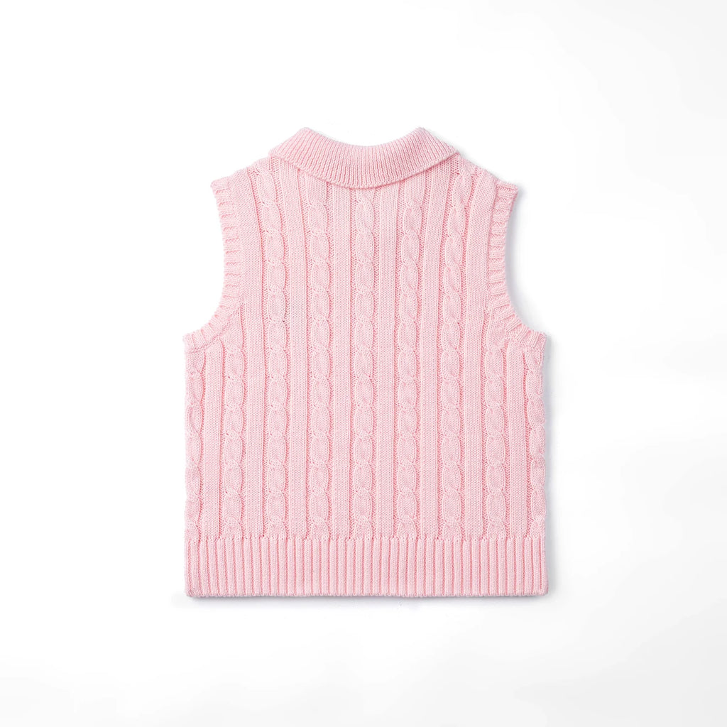 Cable Knit Sleeveless Polo Shirt in Pink