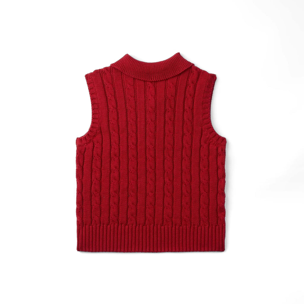 Cable Knit Sleeveless Polo Shirt in Red Xmas