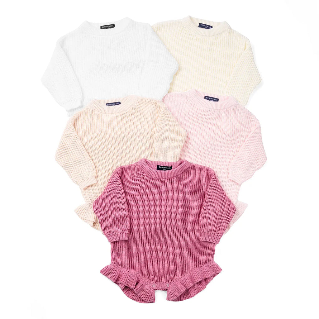 Ruffle Chunky Knit Baby Romper in Rose Pink
