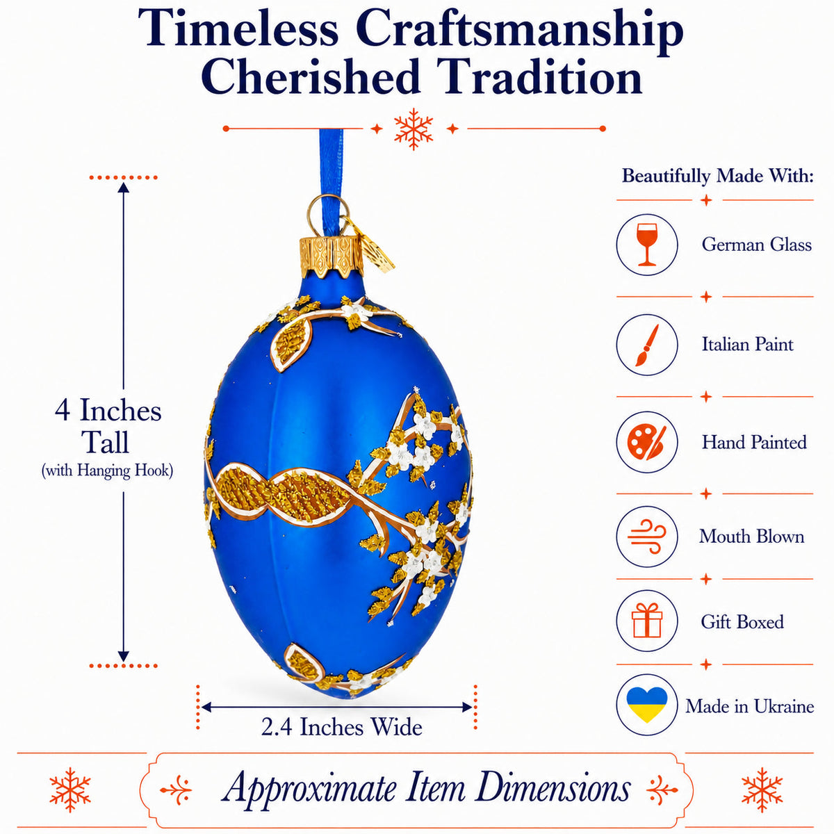 White Blossom Branch on Blue Glass Egg Ornament
