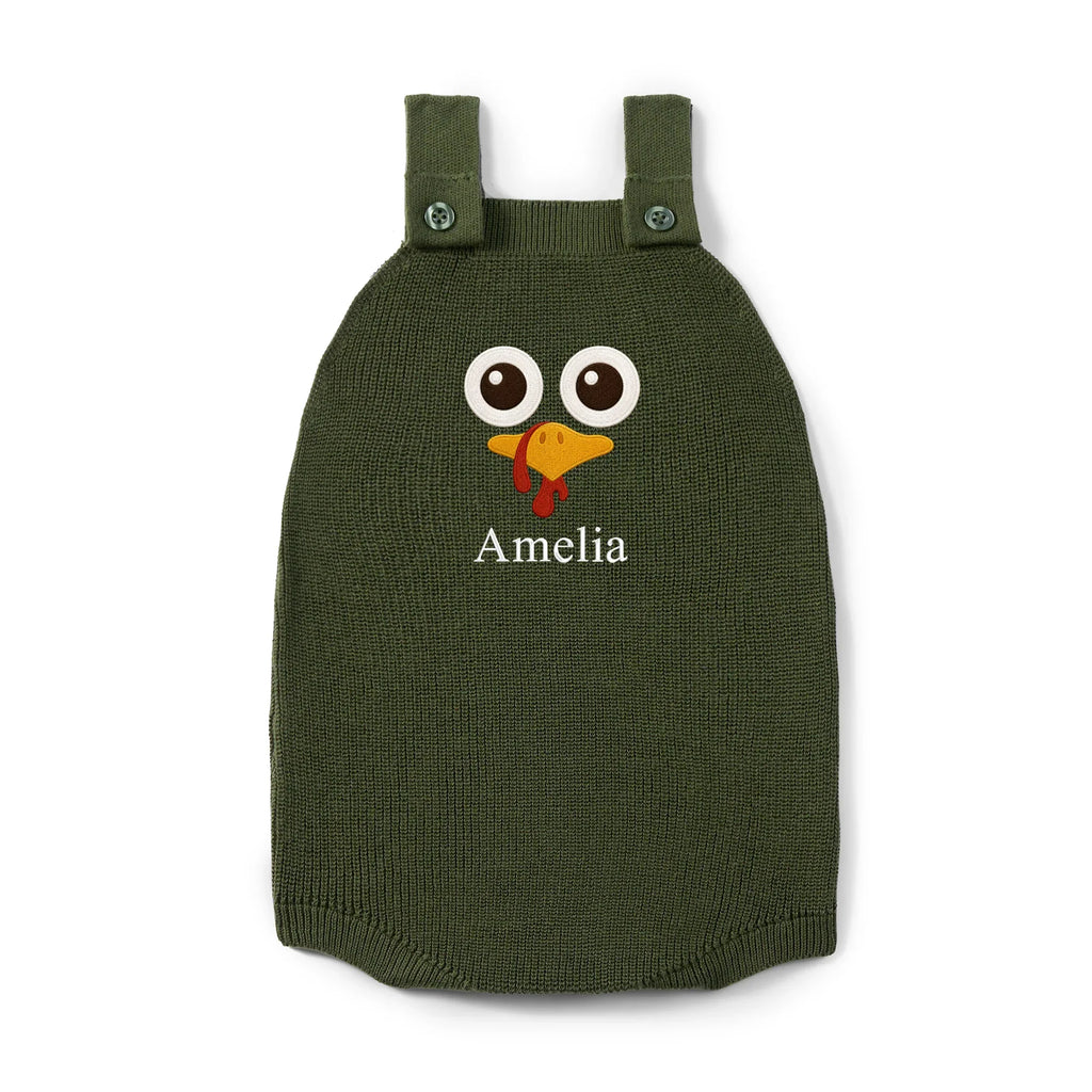 Personalized Turkey Thanksgiving Name Knit Button Strap Romper